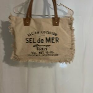 Handbag up cycled canvas with leather straps zipper inside